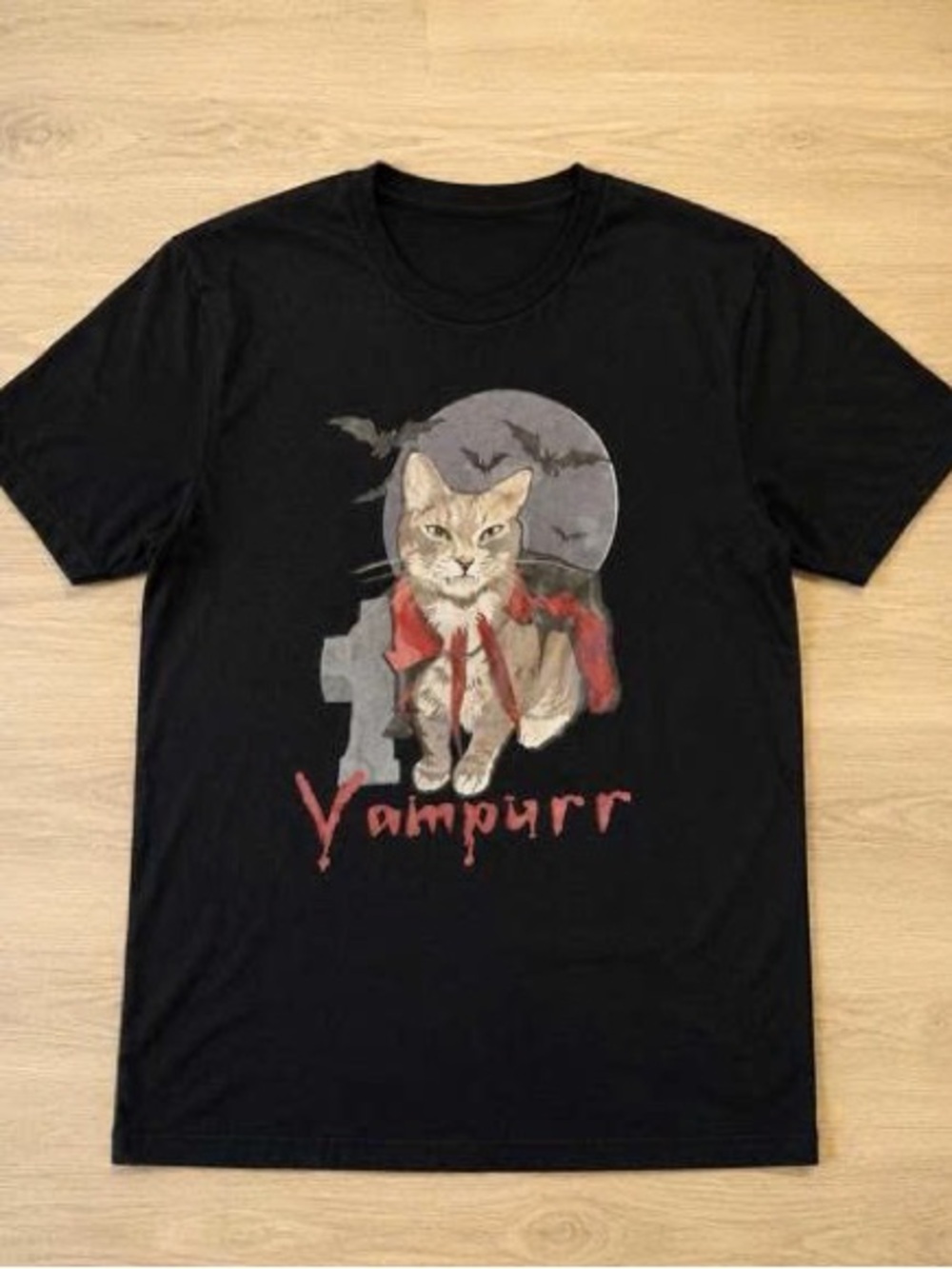 Vampurr Cat Graphic Tee with Red Cape